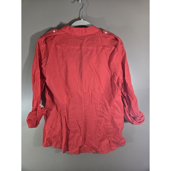 Chico's Salmon Linen Blend Tab Sleeve Button Down Sz 2 RN 79984 Comfy Casual - Picture 6 of 9